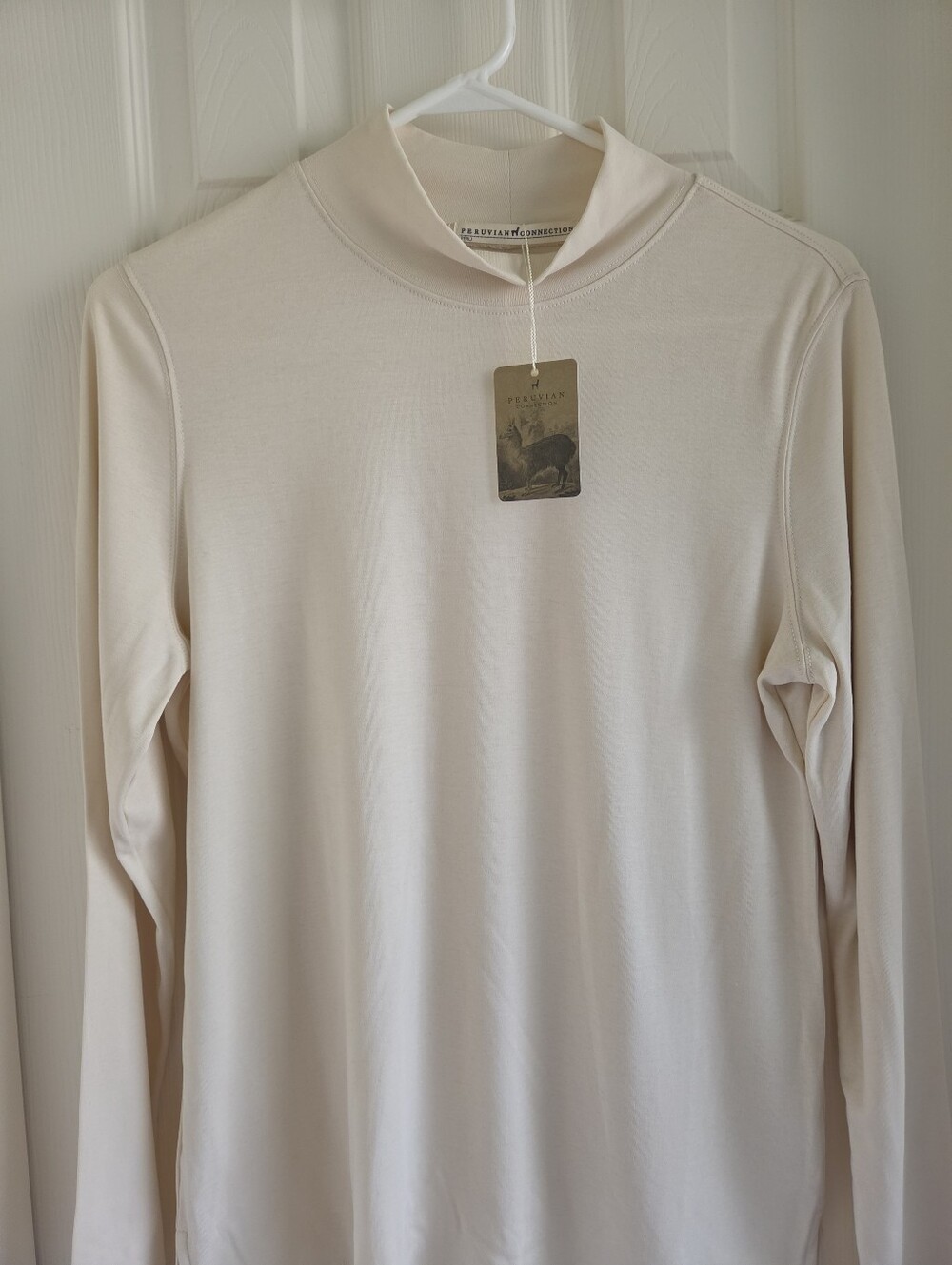Peruvian Connection Cream Pima Cotton Mockneck Top Long Sleeve Ivory M - Picture 4 of 6